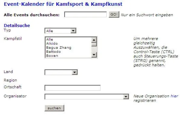 Bild: Event Kalender für Kampfsport - Webdienst zeigt Events auf beliebiger Webseite an