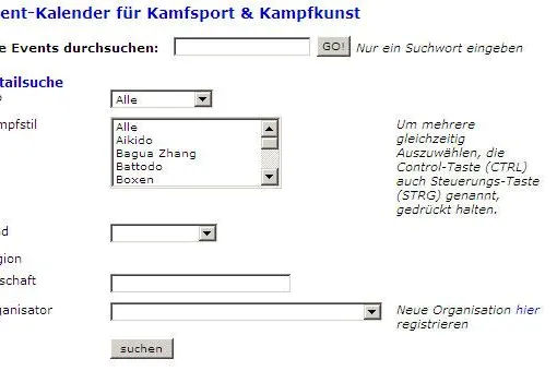 Bild: Event Kalender für Kampfsport - Webdienst zeigt Events auf beliebiger Webseite an