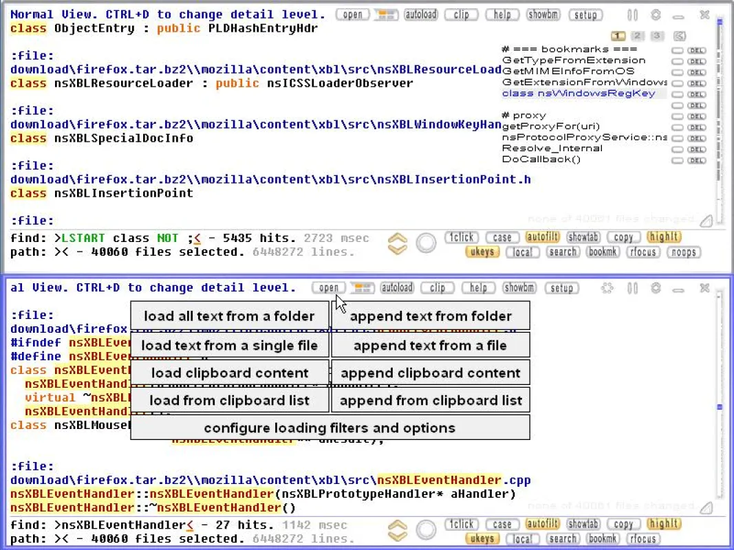 Beispiel: Analyse von 40000 Quellcode Dateien eines .tar.bz2 Archivs, mit zwei Ansichten (Fenstern) desselben Inhalts.