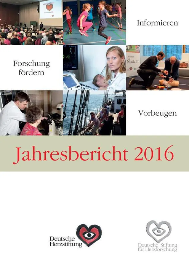 Der aktuelle Jahresbericht 2016. (Fotos: Obere Reihe v.l.n.r.: DHS, Petra Pieper; Mittl. Reihe v.l.n.r.: DHM/Johanna Sänze; HDZ NRW/Schmidt-Dominé; Untere Reihe v.l.n.r: Herzzentrum Göttingen/Ronald S