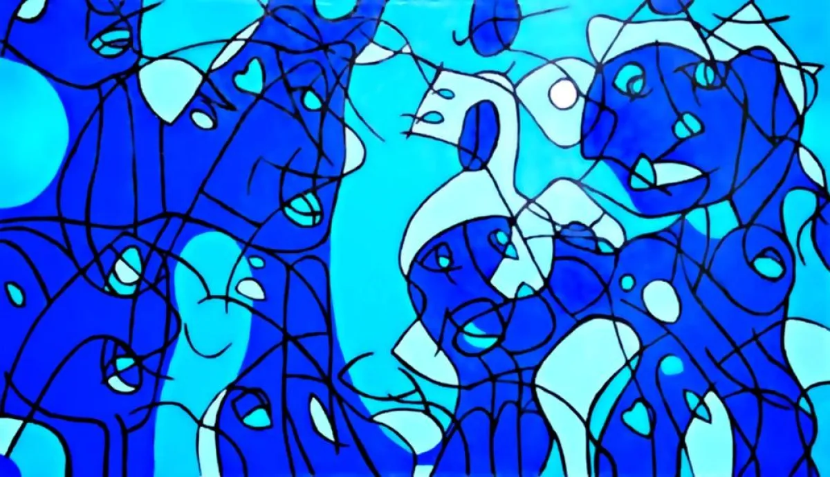 Peter Seelig, Scherzo in Blau mit Flötenklängen, 90x155 cm, Acryl/Lwd., 2007