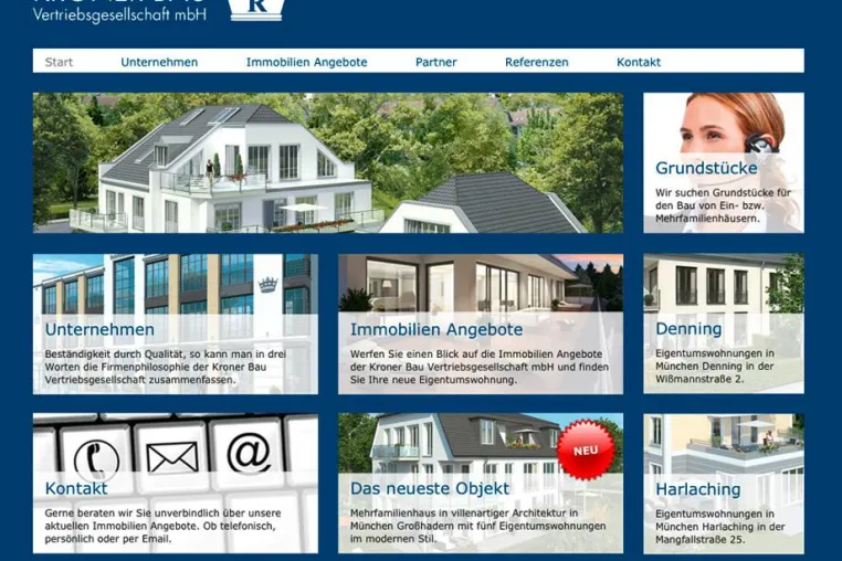 Neugestaltung der Webpräsenz der Kroner Bau Vertriebsgesellschaft durch ekh. Werbeagentur, München Bild: Neugestaltung der Webpräsenz der Kroner Bau Vertriebsgesellschaft durch ekh. Werbeagentur, München