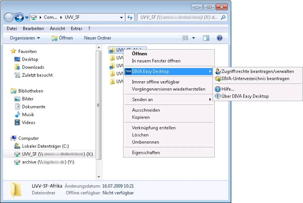 Mit dem DIVA Easy Desktop können Zugriffsrechte auf Verzeichnisse direkt aus dem Windows Explorer beantragt werden.