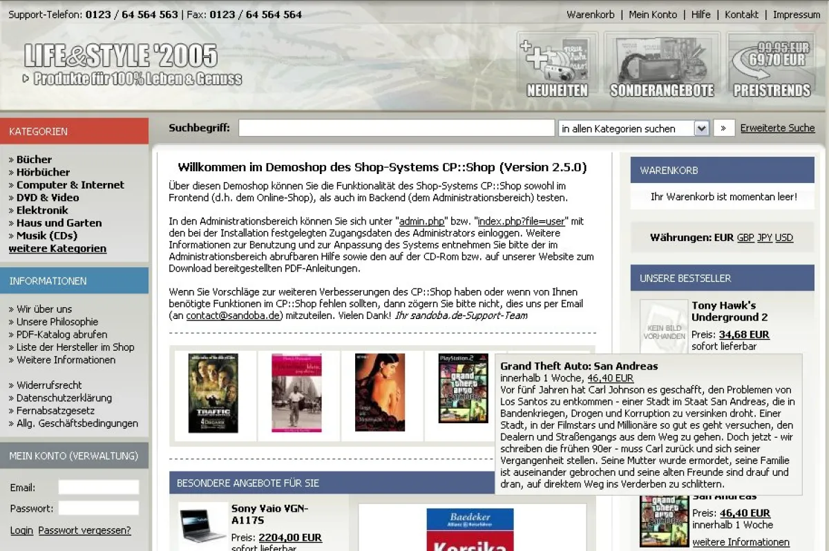 Beispiellayout eines mit dem CP::Shop erstellten Online-Shops