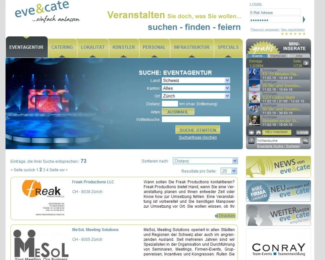 Gehört 2010 zu den 200 besten Webseiten der Schweiz: Die Event- und Catering-Plattform eve&cate