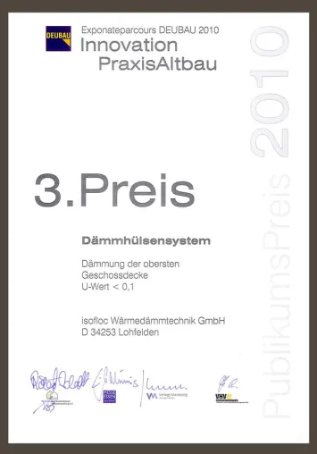 Bild: 3.Preis auf der Deubau für das isofloc Dämmhülsensystem