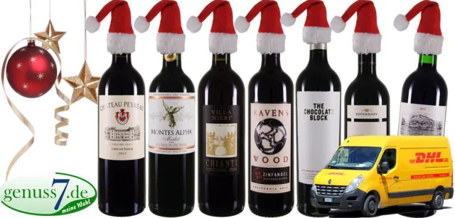 Bild: Wein zu Weihnachten, genuss7 verspricht einen schnellen Versand der edlen Tropfen, auch bei Geschenken