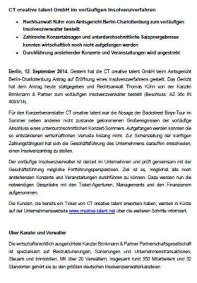 Bild: CT creative talent GmbH im vorläufigen Insolvenzverfahren