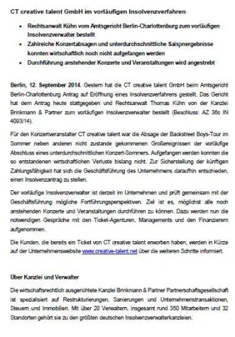 Bild: CT creative talent GmbH im vorläufigen Insolvenzverfahren
