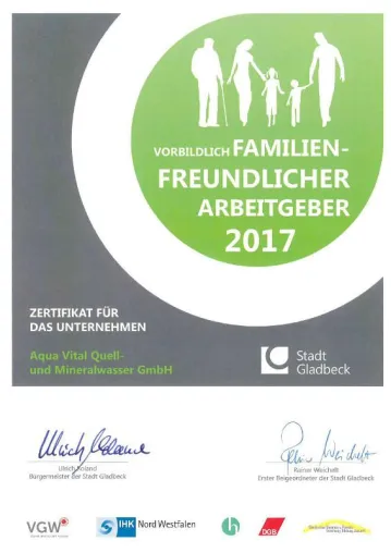 Aqua Vital: Vorbildlich familienfreundlicher Arbeitgeber Bild: Aqua Vital: Vorbildlich familienfreundlicher Arbeitgeber