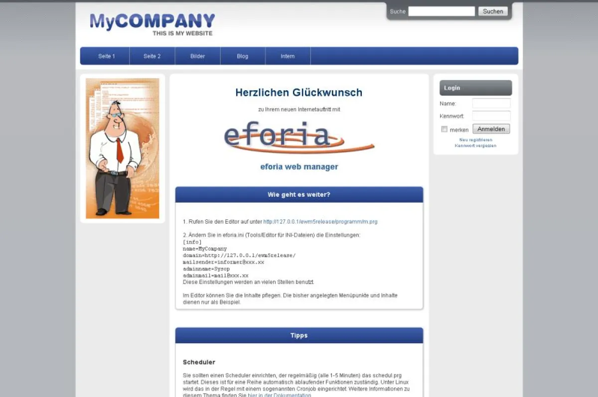 eforia web manager 5 nach der Installation