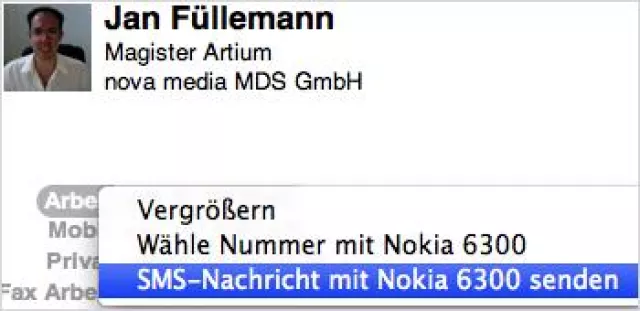Bild: Unter Mac OS X Leopard Rufnummern anwählen und SMS-Nachrichten senden