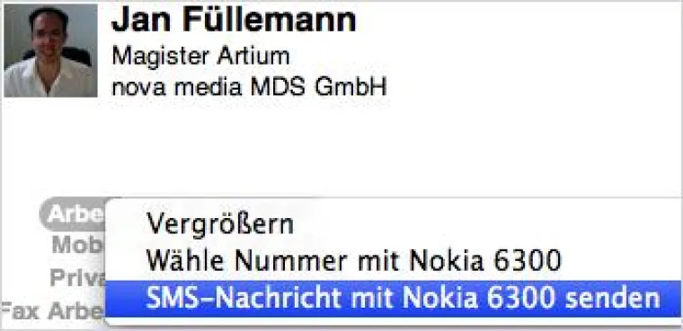 Bild: Unter Mac OS X Leopard Rufnummern anwählen und SMS-Nachrichten senden