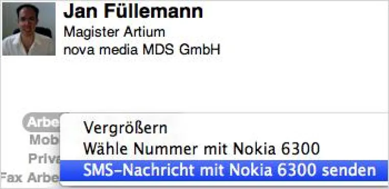 Unter Mac OS X Leopard Rufnummern anwählen und SMS-Nachrichten senden Bild: Unter Mac OS X Leopard Rufnummern anwählen und SMS-Nachrichten senden