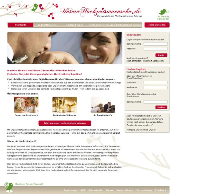 www.unserehochzeitswuensche.de - Ihr persönlicher Hochzeitstisch im Internet