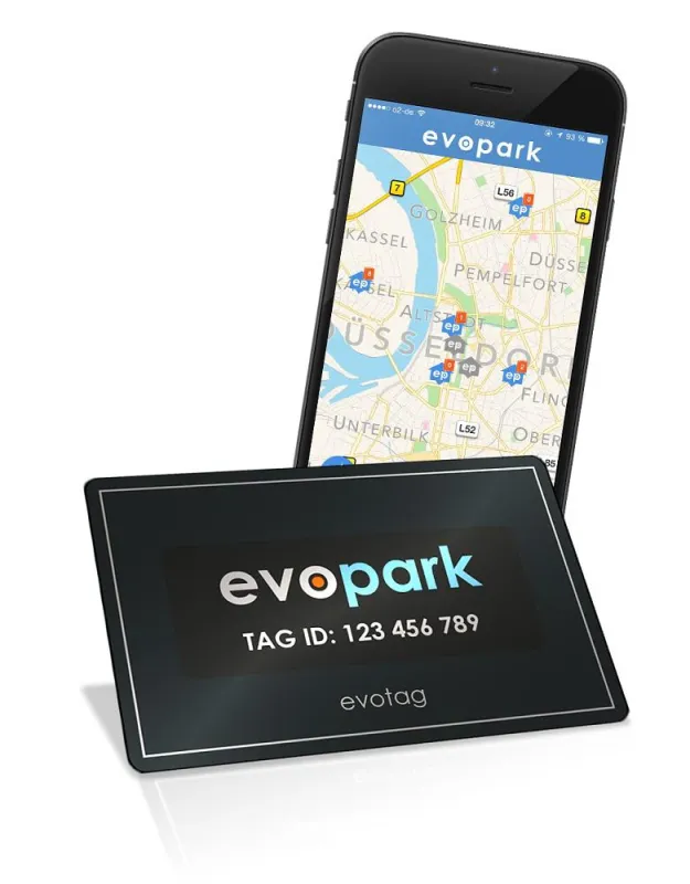Die evopark App zeigt freie Plätze in Parkhäusern. Die kostenlose Parkkarte öffnet die Schranke.