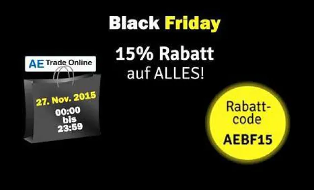 Bild: Schnäppchen-Tag Black Friday: 15 % Rabatt aufs gesamte Sortiment bei AE Trade Online