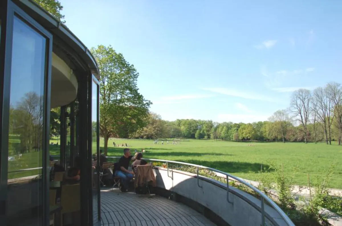 Blick von der Bastion der BERGstation in den Park und auf die Rotbuchen