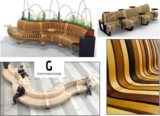 Bild: Konsumfreudige Atmosphäre in Shopping Center mit schwedischen INTERIOR Sitzbänken aus Holz