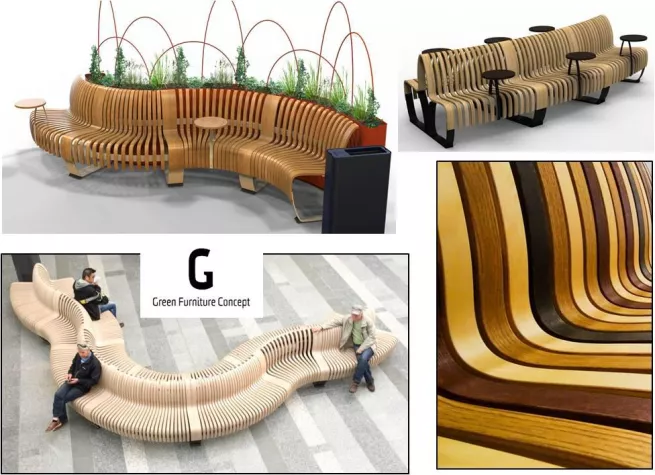 Bild: Konsumfreudige Atmosphäre in Shopping Center mit schwedischen INTERIOR Sitzbänken aus Holz