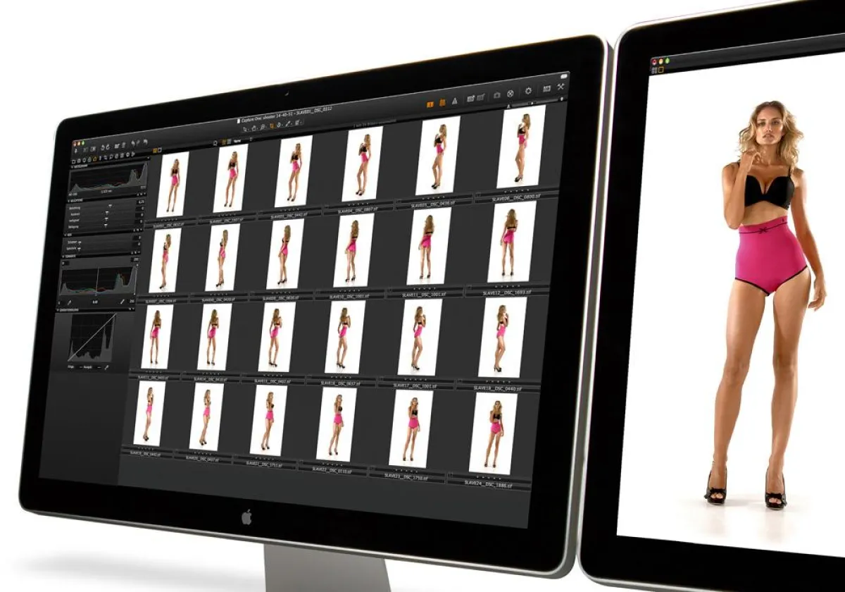 Die 24 Aufnahmen für die 360-Grad-Ansicht für Triumph als Einzelbilder am Computer.