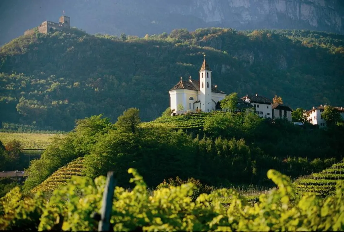 Schloss Boymont und Missianer Kirchlein inmitten von Weinbergen bei Bozen, Quelle: SMG/Spitaler
