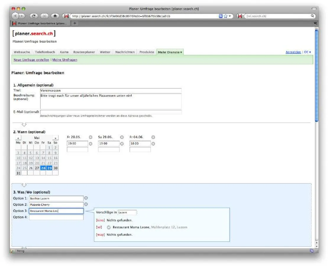 Neue Umfrage erstellen auf planer.search.ch