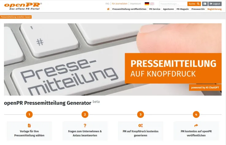 openPR startet kostenlosen Pressemitteilung Generator auf Basis von KI ChatGPT Bild: openPR startet kostenlosen Pressemitteilung Generator auf Basis von KI ChatGPT