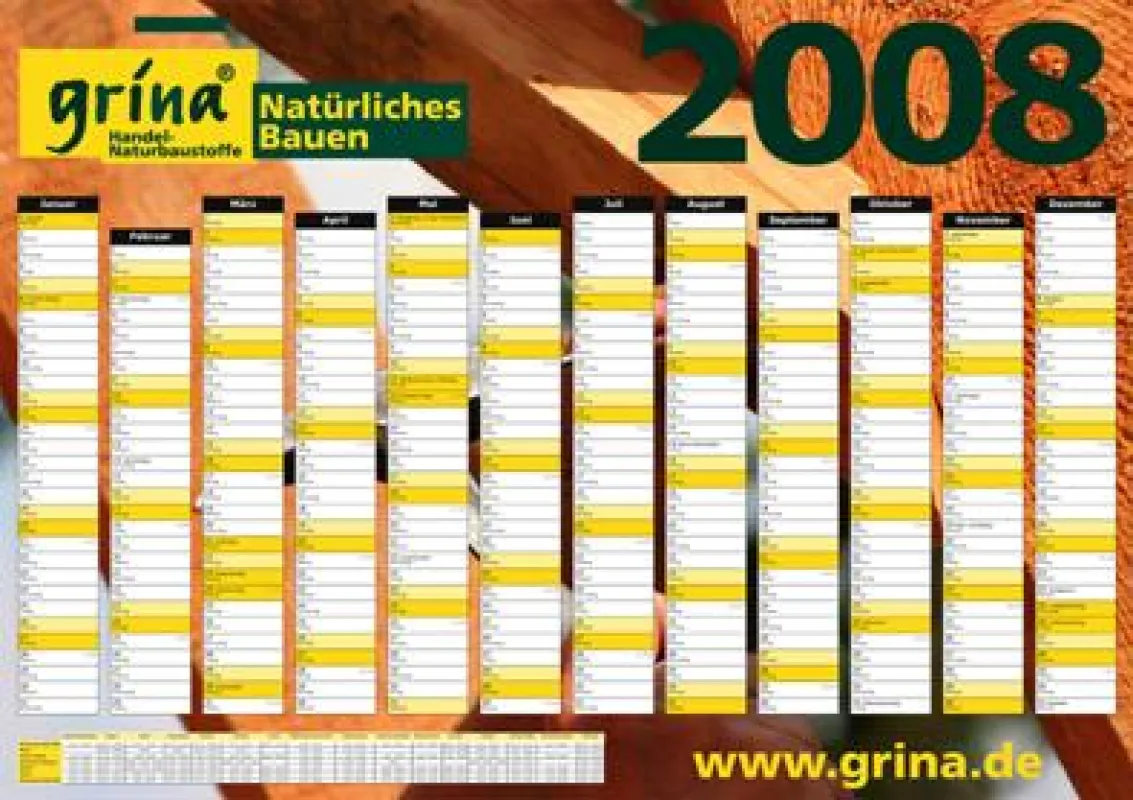 Die Symbiose aus sonnigem Gelb und Hintergrundbild betont die warme Natürlichkeit des Baustoffes Holz