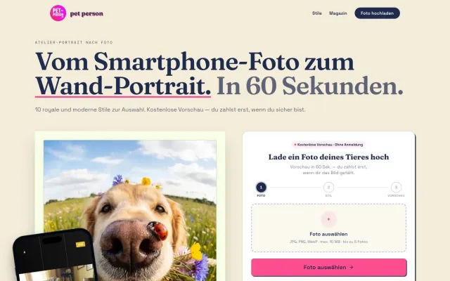 Bild: Vom Handyfoto zum Wandbild in 60 Sekunden: Kölner Anbieter macht KI-Tierportraits mit Handarbeit