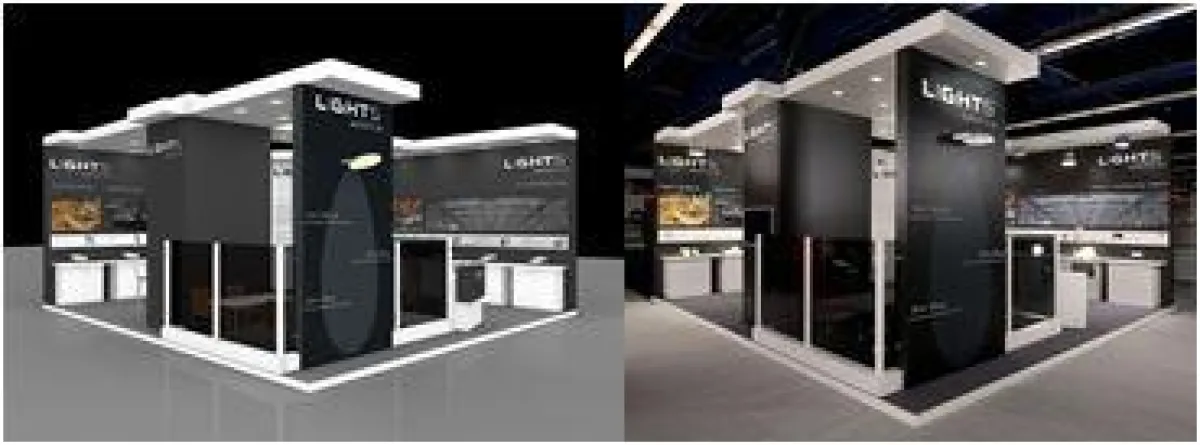 Darstellung eines Messestands mit CAD-Software PointLine und im Original