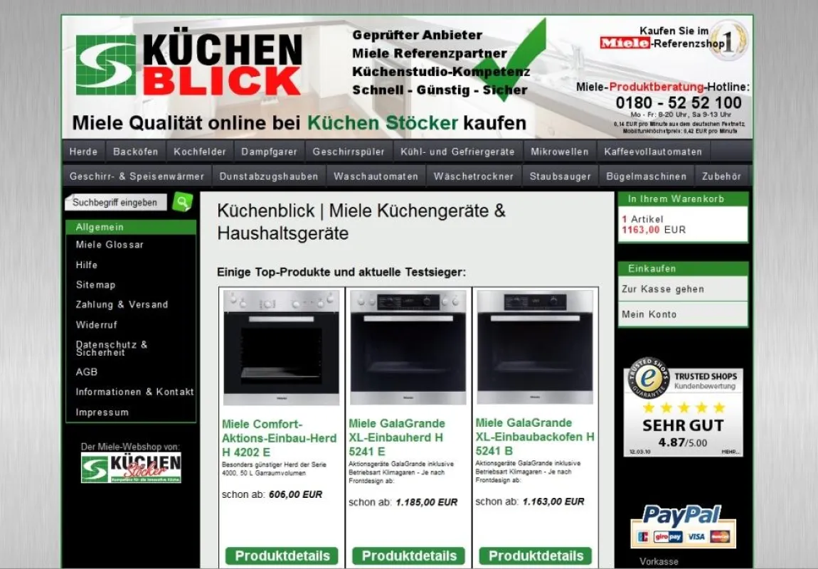 Startseite vom Miele-Webshop - u.a. für das Miele Kochfeld - Küchenblick.de