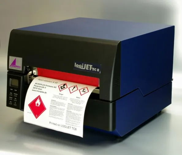 Bild: GHS konforme Etiketten im A4 Format drucken mit kompaktem Zweifarb-Thermodrucker von MICROPLEX