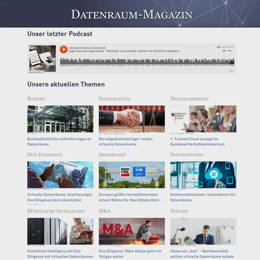 Die Startseite listet übersichtlich Aktuelles rund um das Thema Datenräume auf