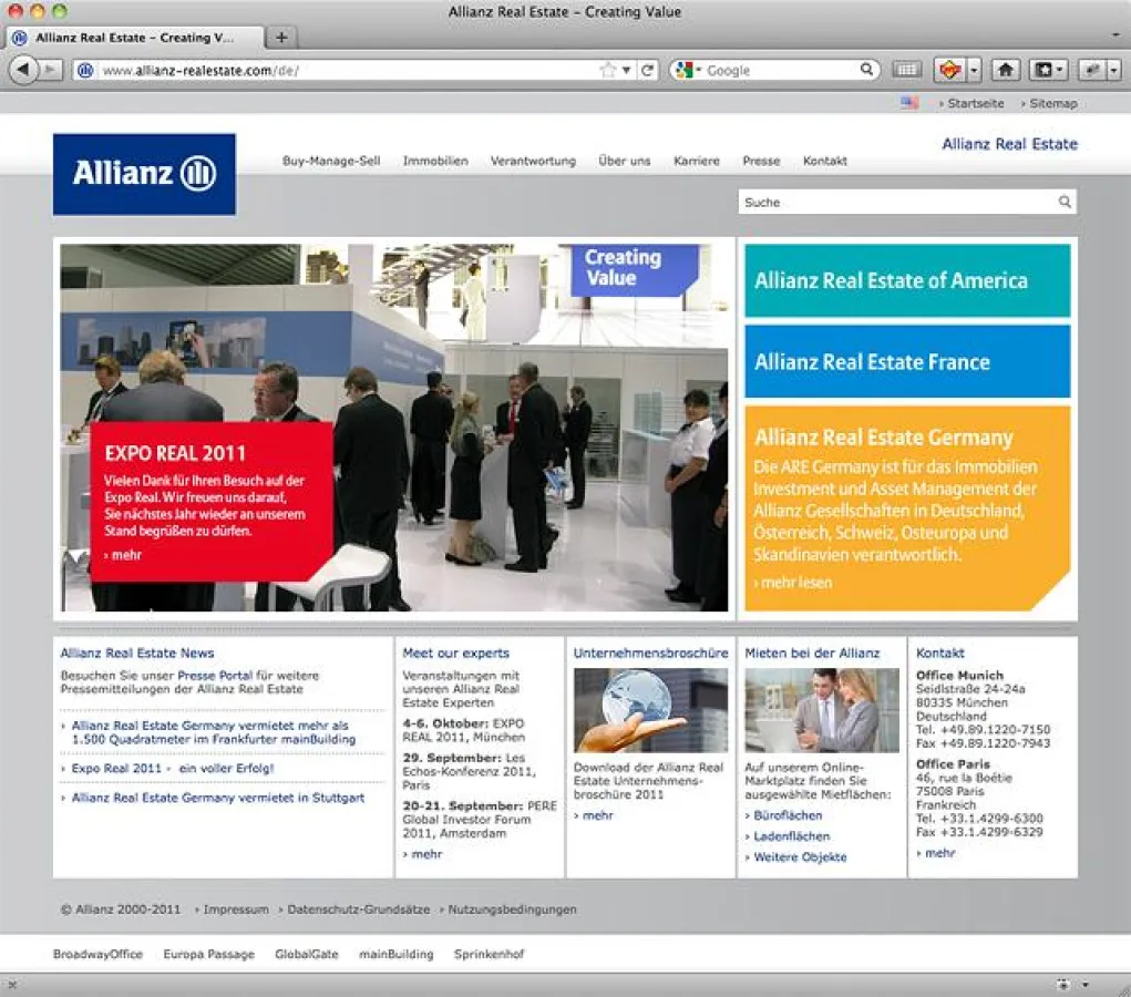 Die Website der Allianz Real Estate GbmH