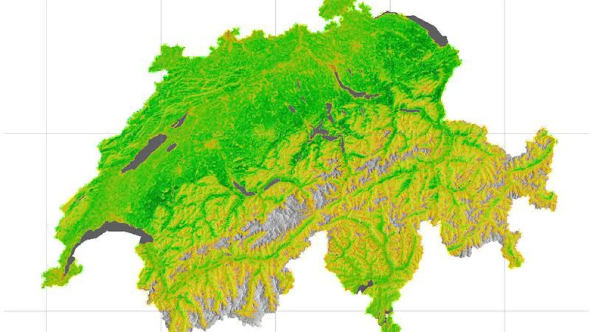 Switzerland from a satellite perspective: The vegetation’s average biomass production (orange: low, green: high) is strongly increased in landscapes with high biodiversity. (UZH)