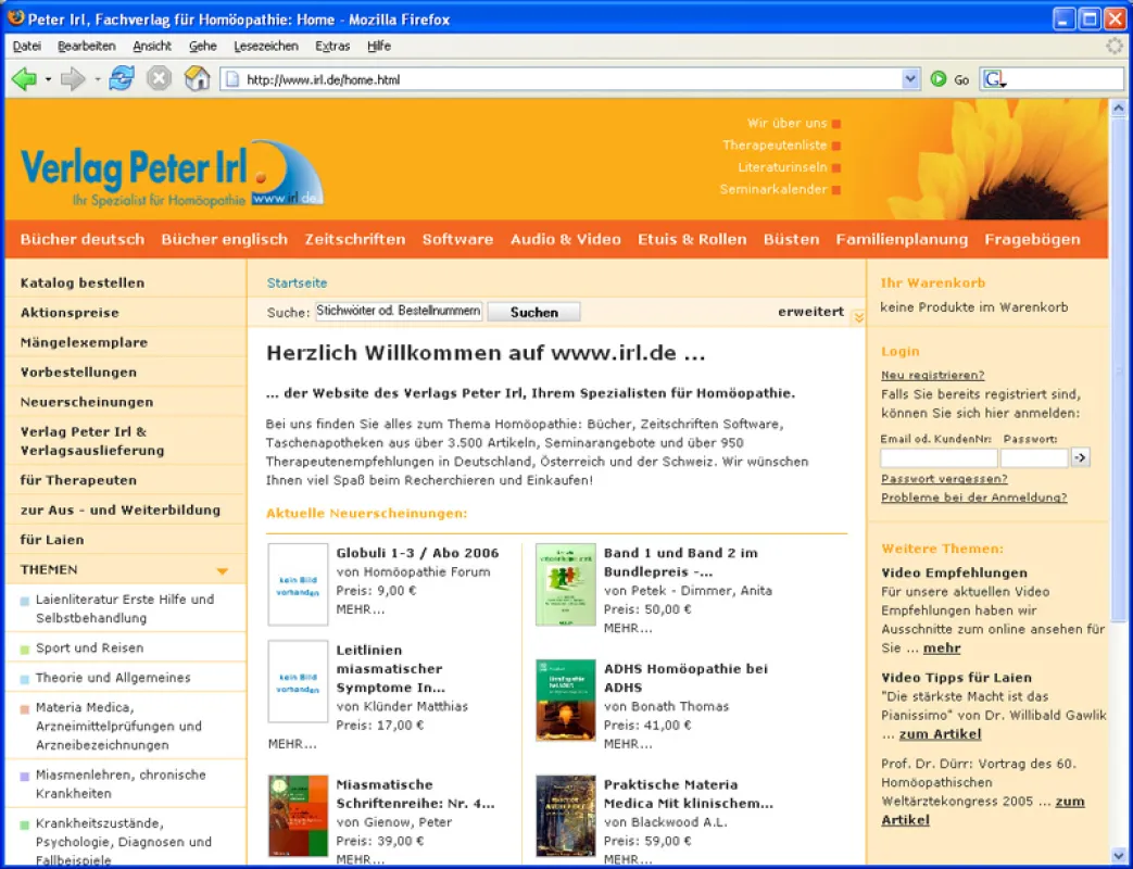 Screenshot der neuen Website mit Online Shop (Fachverlag für Homöopathie)