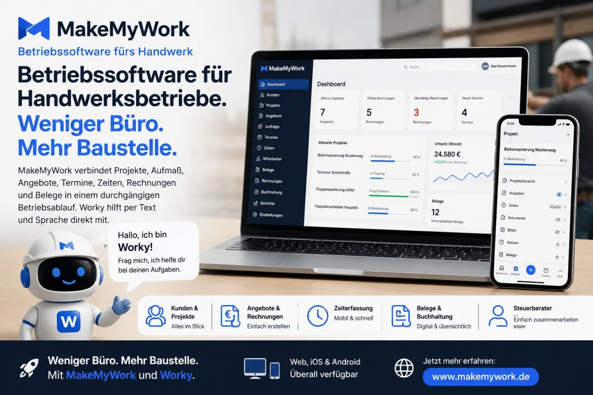 MakeMyWork verbindet Handwerk, Büro und Baustelle – unterstützt durch den KI-Assistenten Worky. (© MakeMyWork)