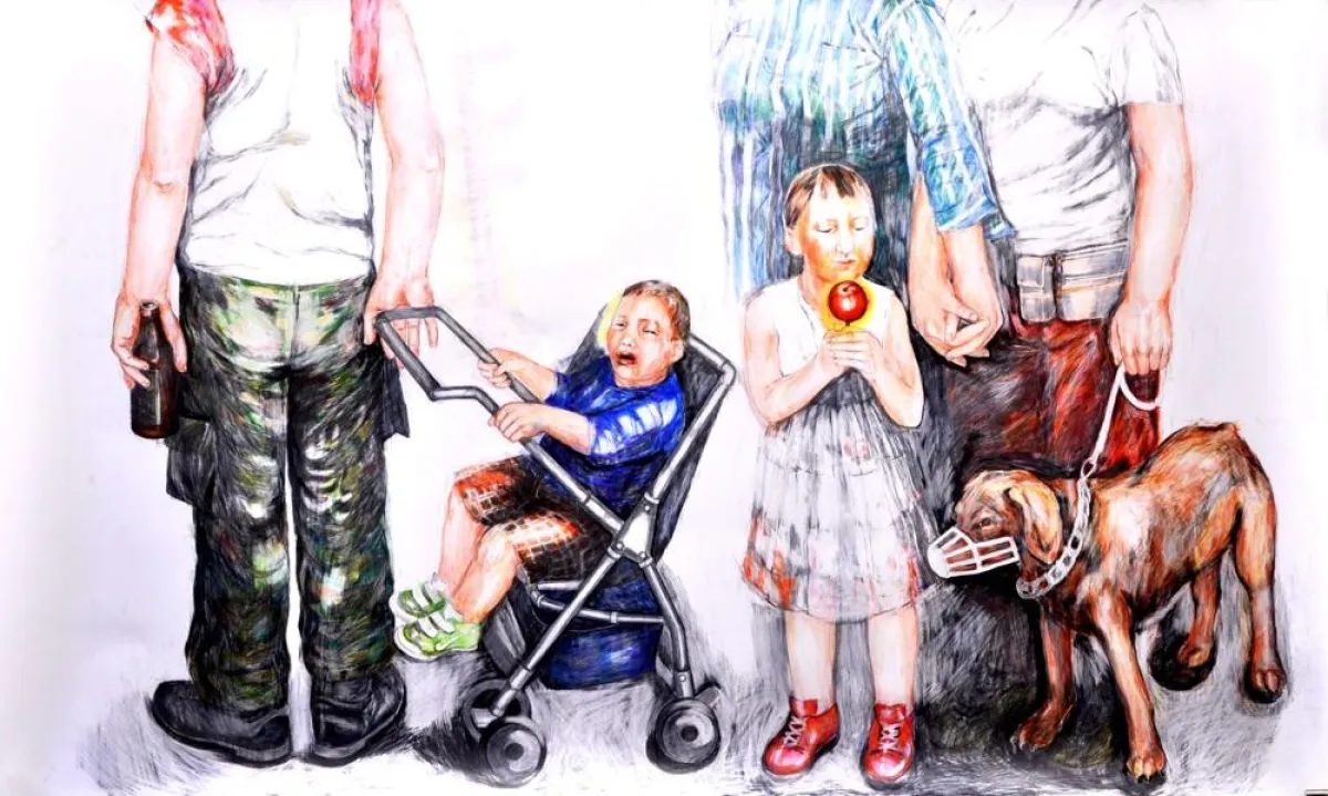 Patricia Thoma, Jahrmarkt Berlin-Neukölln I, 2009, Buntstift auf Papier, 150 x 240 cm