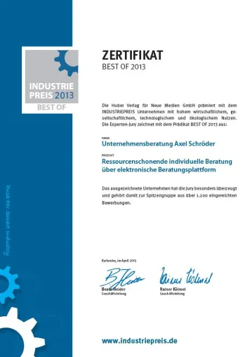 Industriepreis 2013 - Unternehmensberatung Axel Schröder gewinnt Best Of 2013 Auszeichnung Bild: Industriepreis 2013 - Unternehmensberatung Axel Schröder gewinnt Best Of 2013 Auszeichnung