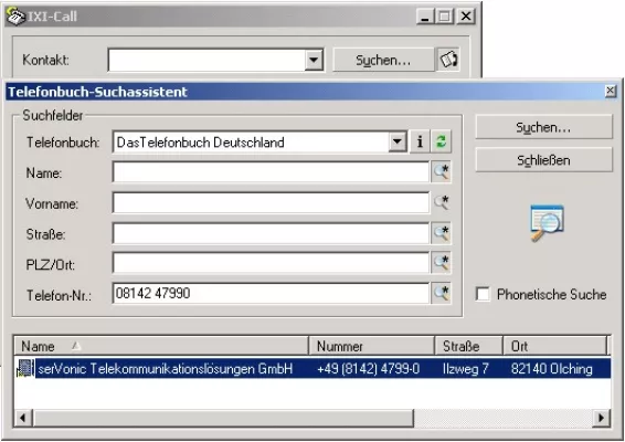 Bild: Rückwärtssuche zur Anruferidentifikation - serVonic IXI-Call greift auf „DasTelefonbuch“, „klickServer“ und „TwixTel“ zu