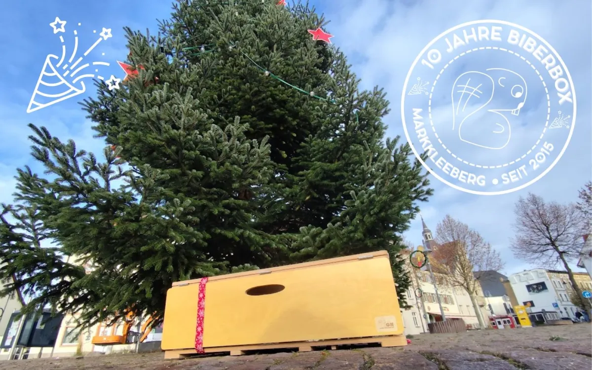 BiberBox vor Tannenbaum mit Jubiläumsstempel (© BiberBox)