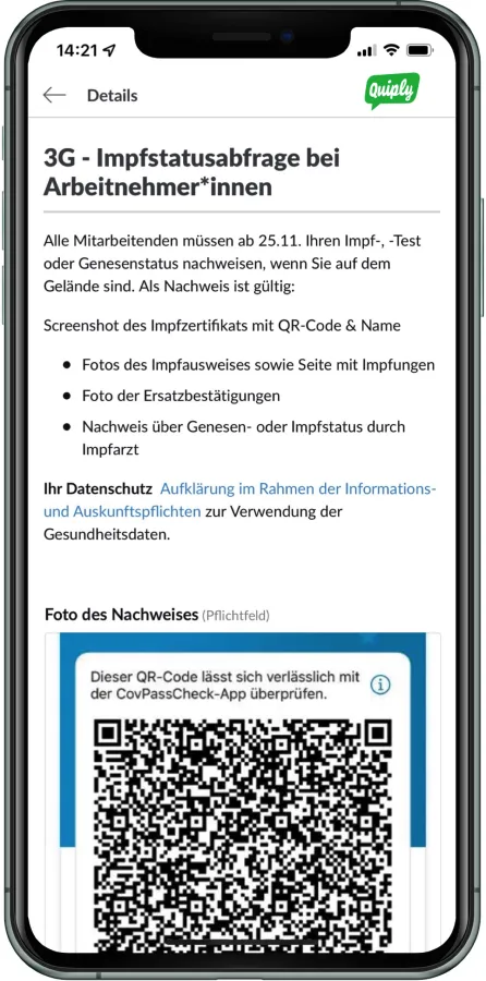 3G-Nachweis einfach und sicher mit der Mitarbeiter-App (© Quiply)