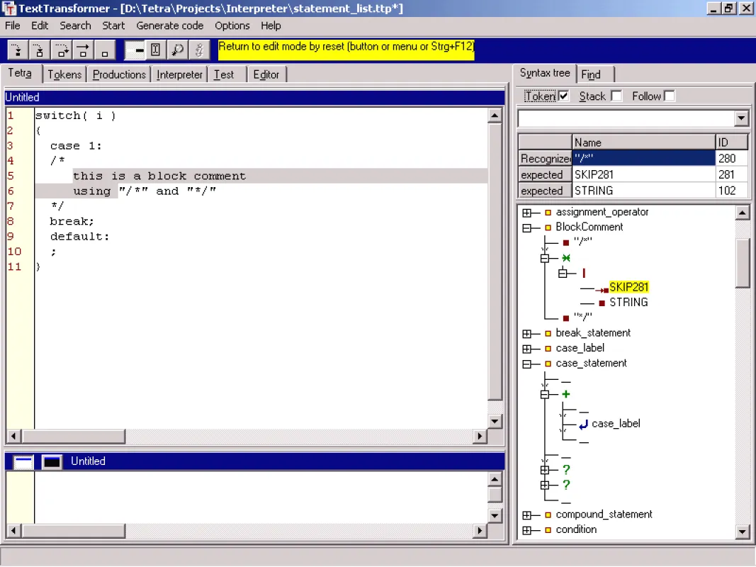 Beispiel für das schrittweise Testen eines Text-Einschlusses - ein C++-Kommentar - in der TextTransformer IDE