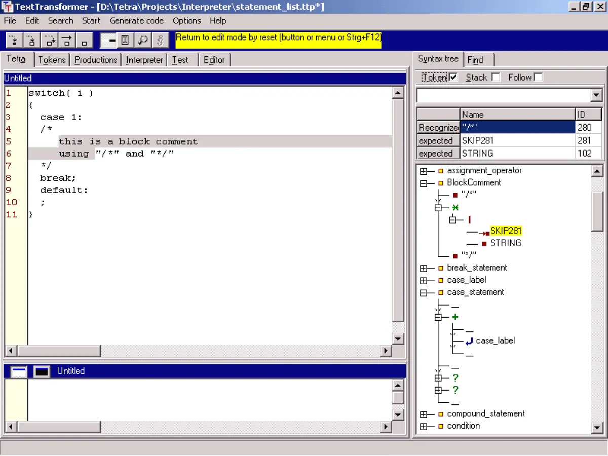 Beispiel für das schrittweise Testen eines Text-Einschlusses - ein C++-Kommentar - in der TextTransformer IDE