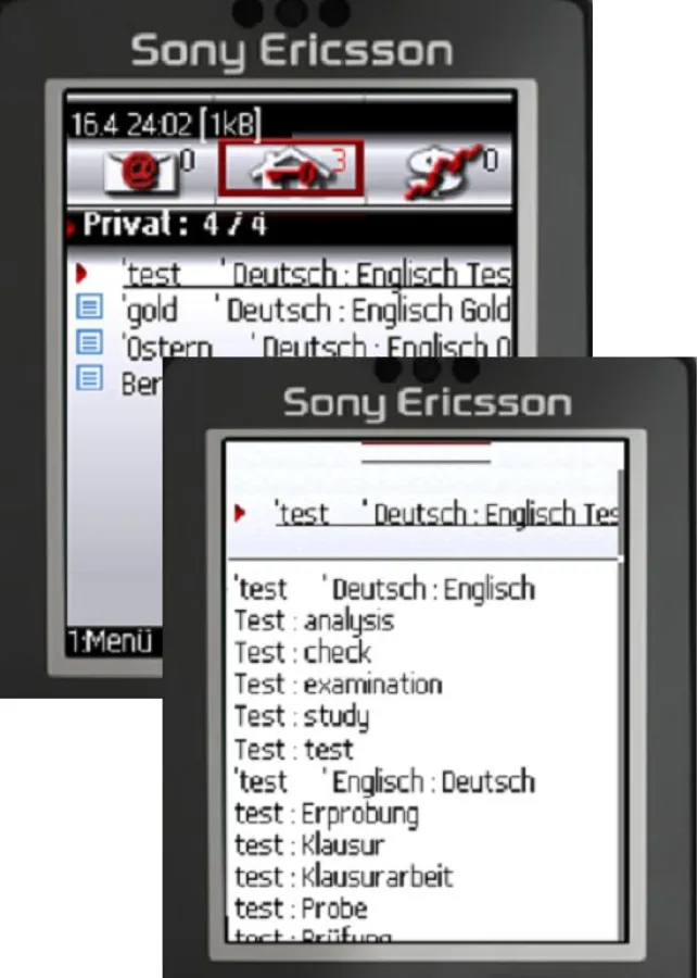 Die Abbildung zeigt das deutsch-englische Wörterbuch auf einem Handy