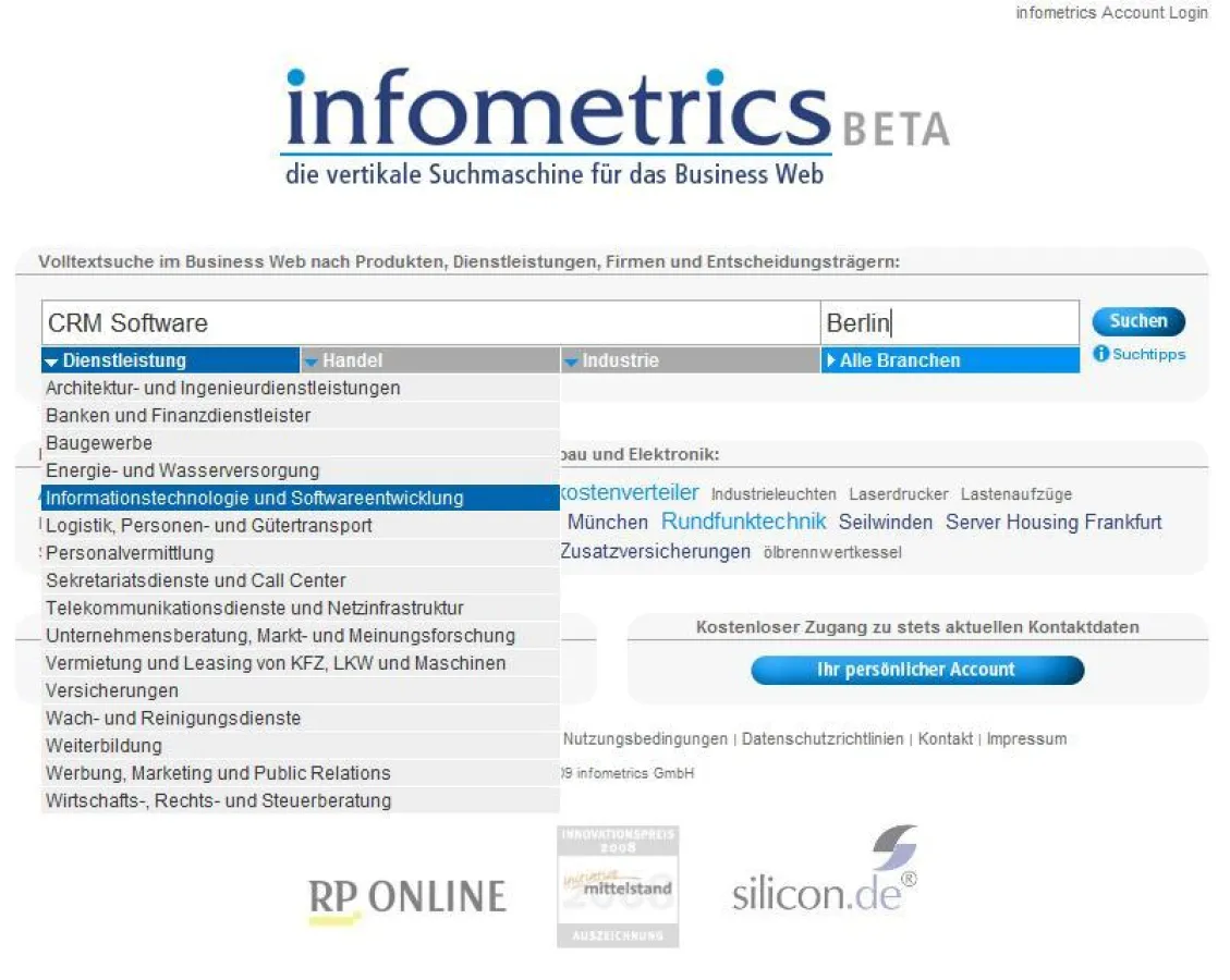 Startseite von infometrics mit Pulldown-Menü