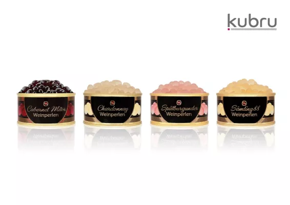 Bild: Kubru erweitert sein Sortiment an essbaren Perlen – gefüllt mit erlesenen Weinen und fruchtigen Spirituosen