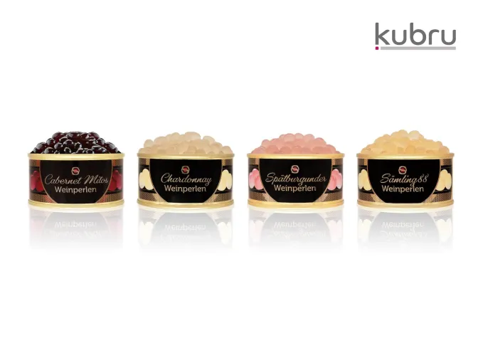 Bild: Kubru erweitert sein Sortiment an essbaren Perlen – gefüllt mit erlesenen Weinen und fruchtigen Spirituosen