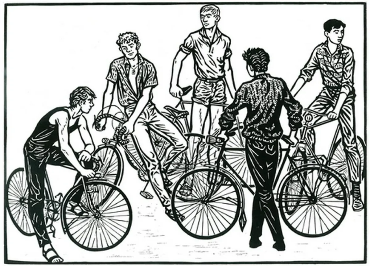 Wittdorf, Jürgen: Gruppe auf Rädern, 1961, Holzschnitt. Aus